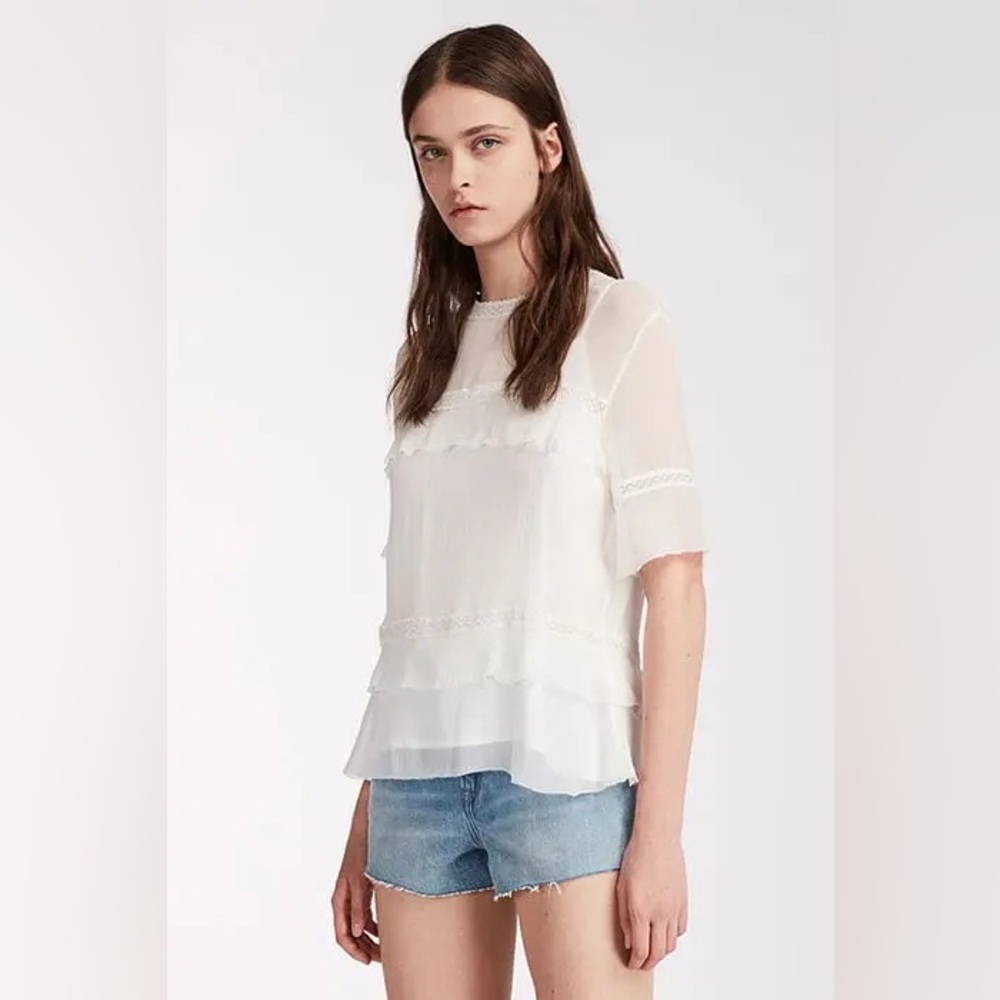 All Saints Sheer White Ruffle Blouse size 2 short sleeve